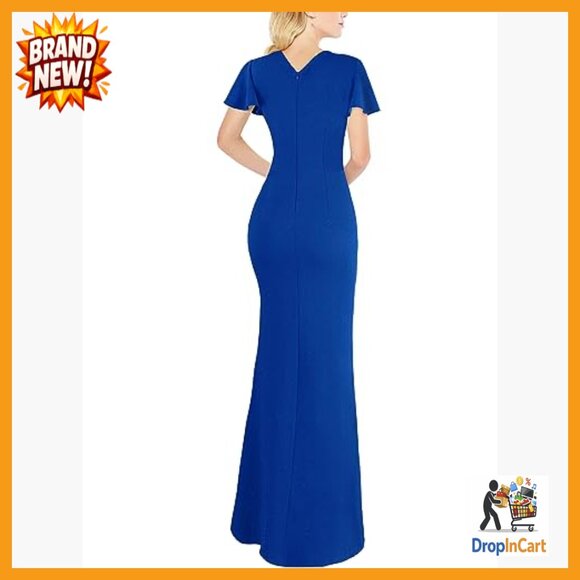 Ruched Wrap V Neck Ruffle Peplum Maxi Dress Formal Evening Gown High Slit - Picture 2 of 7